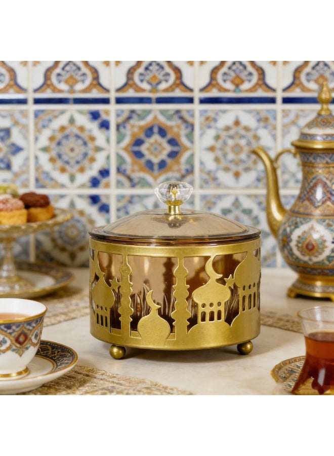 Decorative Gold Metal Candy Jar with Ornate Cutout Design, Glass Lid Storage Container for Sweets, Nuts and Snacks, Elegant Table Centerpiece for Ramadan, Festivals and Home Decor（YB-Candy01L） - Image 1